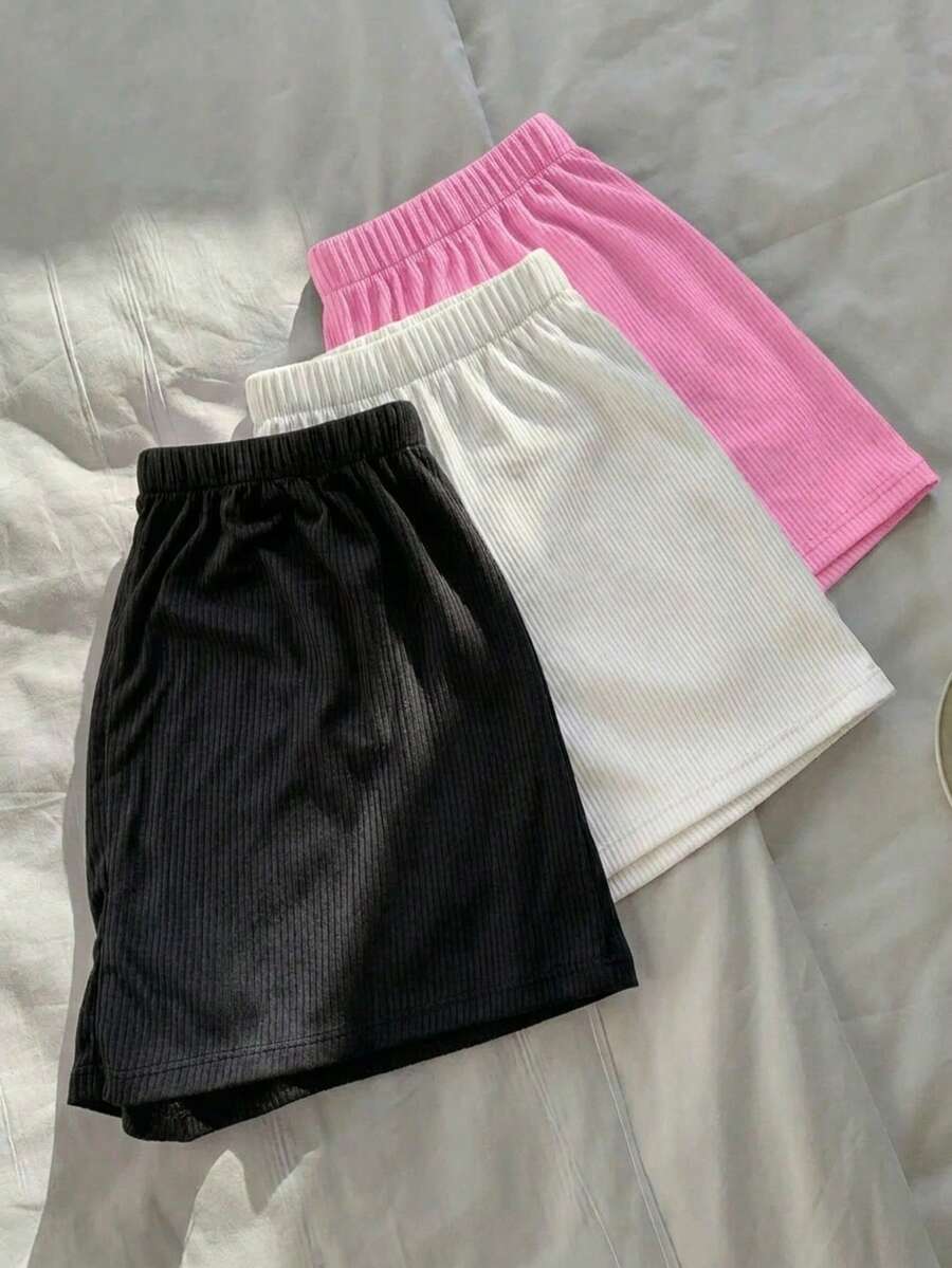 Set Of Three Ribbed Shorts High Shot Elastic Waist Basic Plain Casual Urban Shorts - Negro Blanco Rosa claro - View 1