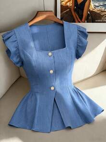 SHEIN Clasi Blouse élégante et à la mode pour femmes, col carré, manches courtes, taille cintrée, pour femmes de petite taille - Bleu gris - Voir 3