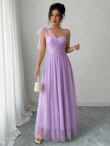 SHEIN Elenzya Đầm chữ A không tay, chất liệu lưới, cổ yếm, thắt nơ ở eo, kiểu dáng thanh lịch và lãng mạn, phù hợp cho đám cưới, tiệc tùng và các buổi họp mặt. - Màu tím hoa cà - Xem 5