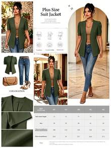Elenzga Blazer Lengan Pendek Minimalis Kasual Warna Polos Ukuran Besar untuk Wanita, Musim Semi/Panas - Hijau Tentara - View 2