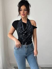 SHEIN LUNE Áo thun nữ màu đen co giãn, in kỹ thuật số, cổ xếp ly, thắt nút xoắn, dáng ôm bất đối xứng. - màu đen - Xem 7