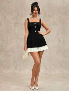 Vestido romántico y dulce de color negro y blanco para citas, con dobladillo con volantes, prenda para capas en primavera, verano y otoño - Negro - Ver 6