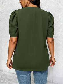 Elenzga Blazer Lengan Pendek Minimalis Kasual Warna Polos Ukuran Besar untuk Wanita, Musim Semi/Panas - Hijau Tentara - View 7