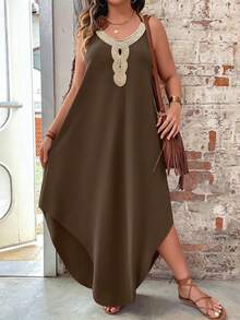 Breezaya Plus Size Women Versatile Slimming Floral Trim Collar Maxi Camisole Dress - Brown - View 3