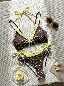 Swim Mod Women's Polka Dot Print Halter Tie Back Swimsuit Set, 2pcs For Summer Holiday Beach Wear - Multicolor - View 5