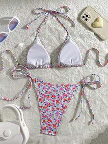 Swim Mod Koleksi Musim Semi/Panas 2026 Terbaru, Pakaian Renang Minimalis Seksi Bermotif Bunga yang Menawan, Set Bikini Dua Potong Model Halter Ikat, Warna Putih untuk Golf - MultiWarna - View 2