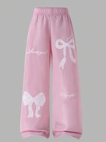 SHEIN Sparklyn 青少年女孩秋季服飾 高腰休閒可愛 Clean Girl 風格 時尚街頭風 日常上學通勤 蝴蝶結字母印花 寬鬆寬腿褲 - 彩色 - 查看 3