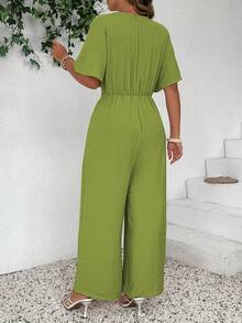 Rometta Bộ jumpsuit cỡ lớn thời trang, phong cách retro, cổ chữ V, thắt eo. - Màu xanh Ô liu - Xem 2