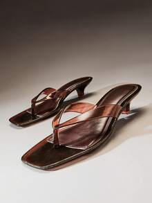 Hauture Sandal xỏ ngón nữ mũi vuông, gót thấp trong suốt, kiểu dáng thường ngày. - Cà phê nâu - Xem 4