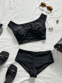 Swim Chiccia 甜心领波点印花柔软面料扭扣罩杯可爱比基尼泳装 - 黑色 - 查看 4