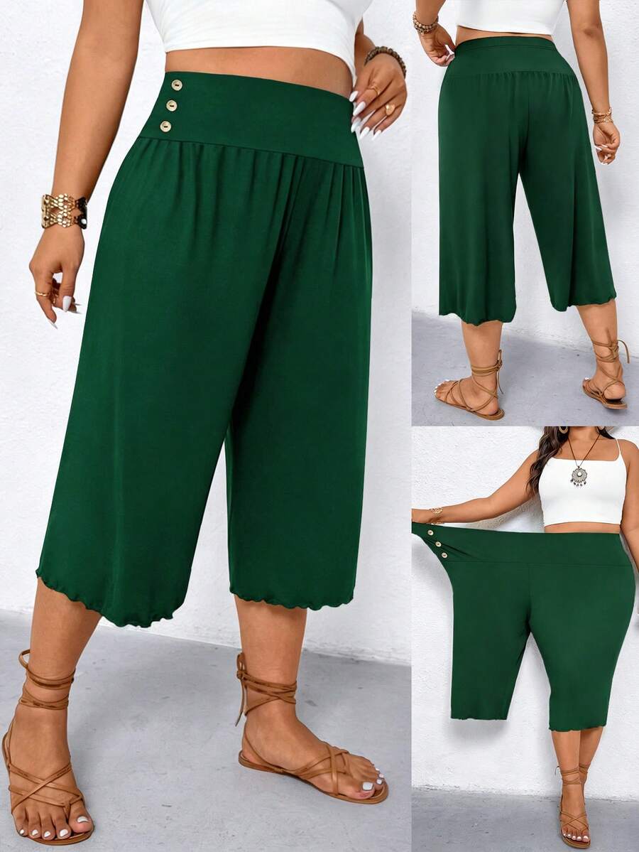 Elenzga Plus Size Women Casual Ruffle Hem Wide Leg Capri Pants - Dark Green - View 1
