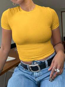 INAWLY Solva Women's Casual Solid Color Cropped T-Shirt, Versatile For Summer - Yellow - View 2