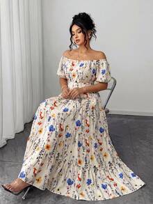 Elenzga Plusstorlek Elegant tryckt klänning med knytning, axlar och midja, axlarfri sommarklänning, sommarlång klänning, blommig elegant klänning, axlarfri blommig klänning, lång blommig klänning, axlarfri klänning, damklänning med axlar och blommig maxiklänning, klänningar för speciella tillfällen, blommiga klänningar, damklänningar - Aprikos - Visa 6
