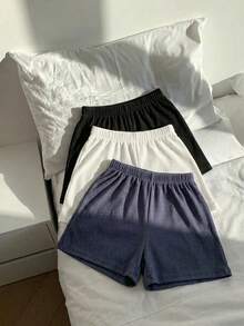 Set Of Three Ribbed Shorts High Shot Elastic Waist Basic Plain Casual Urban Shorts - Azul marino Blanco Negro - View 2