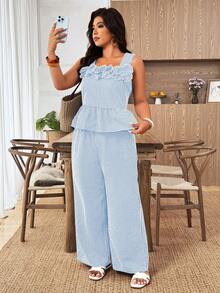 Linhara CURVE Fashionable Casual Spring/Summer Retro Elegant Commuter Black & White Plaid Hollow Floral 2 Pieces Set - Blue - View 3