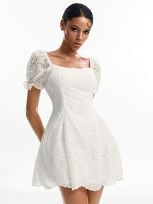 Joudiya Vestido de encaje blanco de primavera y verano, diseño de empalme jacquard con textura calada, informal y dulce, adecuado para el Día de San Valentín, boda, fiesta, evento de moda, falda corta en línea A, manga corta, vestido elegante para el trabajo para mujeres - Blanco - Ver 9