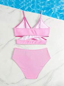 SHEIN Teen Girls Bikini Sets,Crossover Front Splicing Knitted Tankini Swimwear,Fashionable Elegant Solid Color Bathing Suit For Summer,Beach,Holiday Party - Hot Pink - View 2