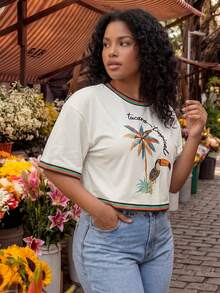 CAJUNI Blusa corta de verano de talla grande con cuello redondo, hombros caídos y mangas cortas a rayas - Blanco - Ver 4