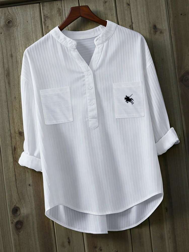 INAWLY Women's Casual White Woven Fabric Notched Asymmetrical Hem Shirt With Roll Up Wrist-Length Sleeves And Pocket - White - View 3