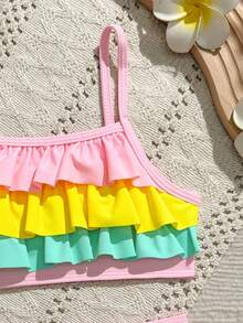 Young Girl Beach Holiday Color-Block Ruffled Multiple Layer Bikini Set Summer Holiday - Multicolor - View 5