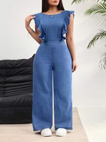 SHEIN Holidaya Bộ áo liền quần denim cổ tròn dáng rộng dành cho nữ cỡ lớn, kiểu dáng thường ngày. - Màu xanh lam - Xem 4