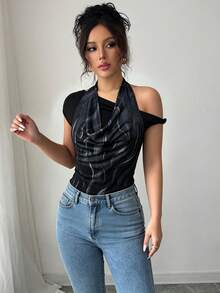 SHEIN LUNE Áo thun nữ màu đen co giãn, in kỹ thuật số, cổ xếp ly, thắt nút xoắn, dáng ôm bất đối xứng. - màu đen - Xem 6
