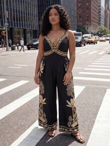 CAJUNI Chic Vacation Golden Embroidery Jumpsuit - Black - View 5