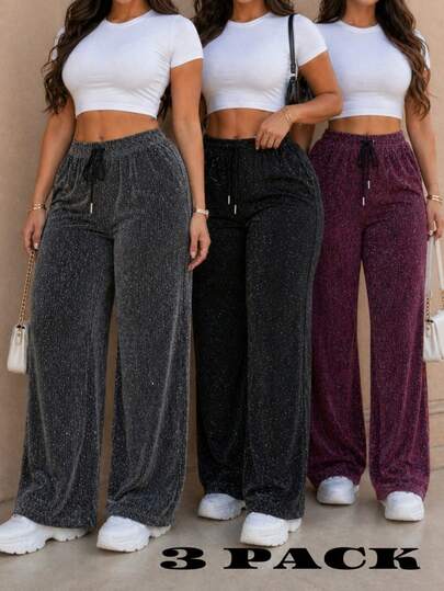Set de 3 pantalones de pierna ancha para mujer, multicolor, diseño moderno y casual, pequeña  y elegante pedrería artificial y decorativa en todo el pantalón, tela de poliéster, algodón y elastano. Aptos para cualquier temporada. Ajuste de cintura natural con resorte y cordón, sin bolsillos. Suaves, frescos y ligeros. Te llegarán 3 pantalones de pierna ancha en colores al azar.