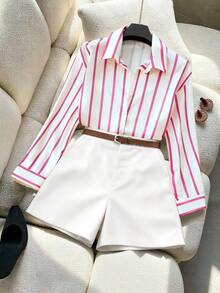 Conjunto de camisa holgada y fluida a rayas y pantalones cortos de talle alto en azul marino para mujer, conjunto de vestir minimalista y elegante para primavera/verano - Rosa - Ver 4
