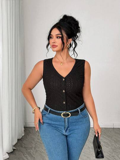 Elenzga Áo tank top mùa hè không tay cài một hàng khuy dành cho nữ cỡ lớn, áo blouse lưới co giãn khoét lỗ.