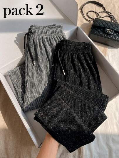 Set de 2 pantalones de pierna ancha para mujer, multicolor, diseño moderno y casual, pequeña  y elegante pedrería artificial y decorativa en todo el pantalón, tela de poliéster, algodón y elastano. Aptos para cualquier temporada. Ajuste de cintura natural con resorte y cordón, sin bolsillos. Suaves, frescos y ligeros. Te llegarán 2 pantalones de pierna ancha en colores al azar.
