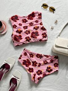Swim Mod Bikini de tela suave con estampado de lunares, con copa con pliegue y escote de corazón - Multicolor - Ver 6