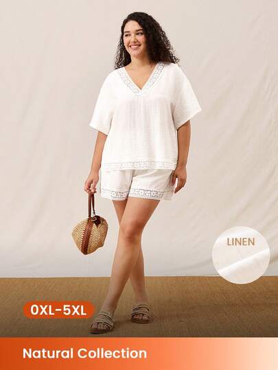 LUVLETTE Summer Versatile Minimalist White Plus Size Linen Set Lace-Accented Top & Shorts Sleek Multi-Wear Lounge Wear