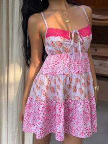 Sunnyshic Women's Vacation Casual Leopard Print Patchwork Floral Contrast Color Mini Camisole Dress - Mauve Purple - View 7