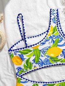 Traje de baño de una pieza para niñas preadolescentes, bañador con estampado de limón y un solo hombro - Amarillo - Ver 4