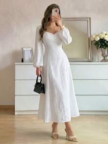 Modelyn White Autumn Elegant Date Dress For Women Square Neck Embroidered Fabric Patchwork Long Sleeve Cinched Waist Flared Midi Broderie Bride Filipiniana - White - View 8
