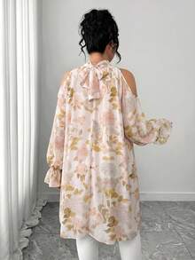 Elenzga Plus Size Women Elegant Woven Long Sleeve Embroidered & Digital Print Semi-Sheer Loose Blouse - Apricot - View 2