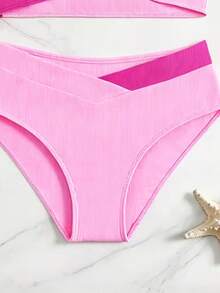 SHEIN Teen Girls Bikini Sets,Crossover Front Splicing Knitted Tankini Swimwear,Fashionable Elegant Solid Color Bathing Suit For Summer,Beach,Holiday Party - Hot Pink - View 5