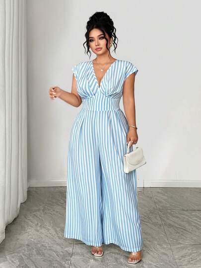 Elenzga Bộ jumpsuit nữ cỡ lớn cổ chữ V thắt eo, kiểu dáng thường ngày, họa tiết kẻ sọc, thích hợp cho kỳ nghỉ.