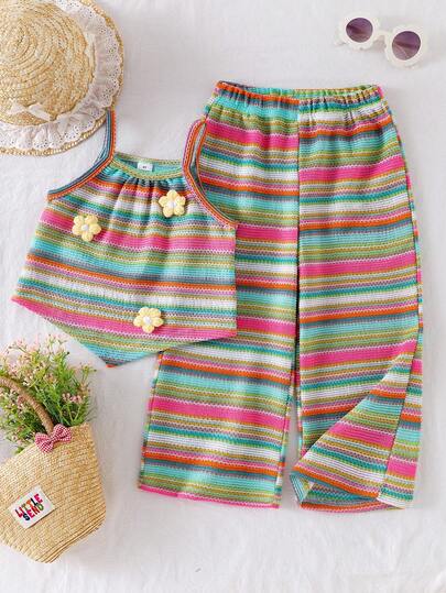 Conjunto de 2 piezas de niña (talla pequeña) con top de tirantes a rayas de arcoíris con decoración floral y pantalones rectos, diseño casual de vacaciones, atuendo de verano para niños para actividades al aire libre