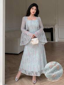 Modelyn Đầm dạ hội ren xanh thanh lịch dành cho nữ, đầm hai mảnh ôm eo dáng suông với tay áo loe. - màu xanh lá - Xem 6