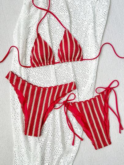 Bonvoyette Set de 3 piezas de bikini con tiras a contraste, de tela de ganchillo, con escote halter y espalda descubierta, traje de baño sexy de triángulo con tiras para mujeres