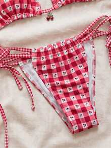 Swim Mod Bộ đồ đi biển 2 món dành cho nữ, thời trang dễ thương, gợi cảm, đồ bơi nghỉ mát, áo crop top buộc dây sau lưng và quần bikini buộc dây bên hông họa tiết kẻ caro in ngẫu nhiên hình quả anh đào, thích hợp cho mùa xuân/hè. - Nhiều màu - Xem 5