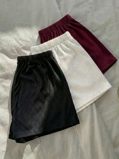 Set tres shorts acanalados tiro alto cintura elástica básicos lisos casual urbano