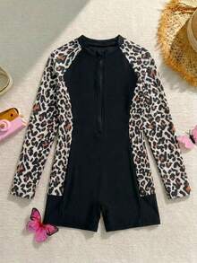SHEIN Emery Rose Kids 女童休闲度假泳衣，黑色豹纹拼接拉链连体泳衣，修身长袖连体泳衣，休闲度假，适合春夏旅行、海滩度假 - 黑色 - 查看 1