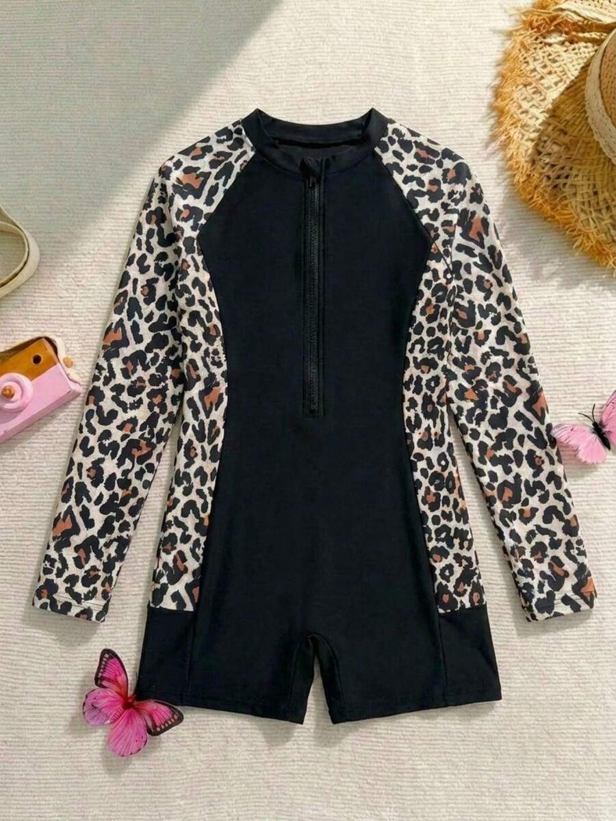 SHEIN Emery Rose Kids 女童休闲度假泳衣,黑色豹纹拼接拉链连体泳衣,修身长袖连体泳衣,休闲度假,适合春夏旅行、海滩度假 - 黑色 - 查看 1