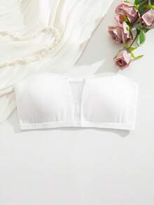 SHEIN White One-Shoulder Bandeau Bra, Strapless Lingerie, Mesh Patchwork Women's Bra - White - View 2