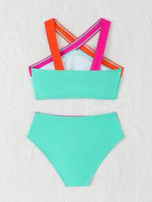 SHEIN Bộ bikini màu sắc mùa hè cho bé gái tuổi teen, đồ bơi đi biển thường ngày - Màu xanh Bạc hà - Xem 2