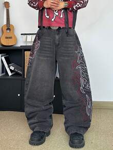 STEELVANCE Quần jeans ống đứng dáng rộng, phong cách vintage rách rưới với họa tiết thêu râu mèo, trang phục đường phố đa năng. - màu đen - Xem 3