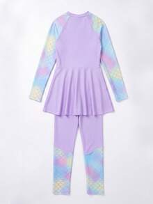SHEIN Tween Girls 可爱美人鱼鳞片印花拼色比基尼，适合游泳、海滩、冲浪、潜水、防晒泳装套装 - 紫色 - 查看 2